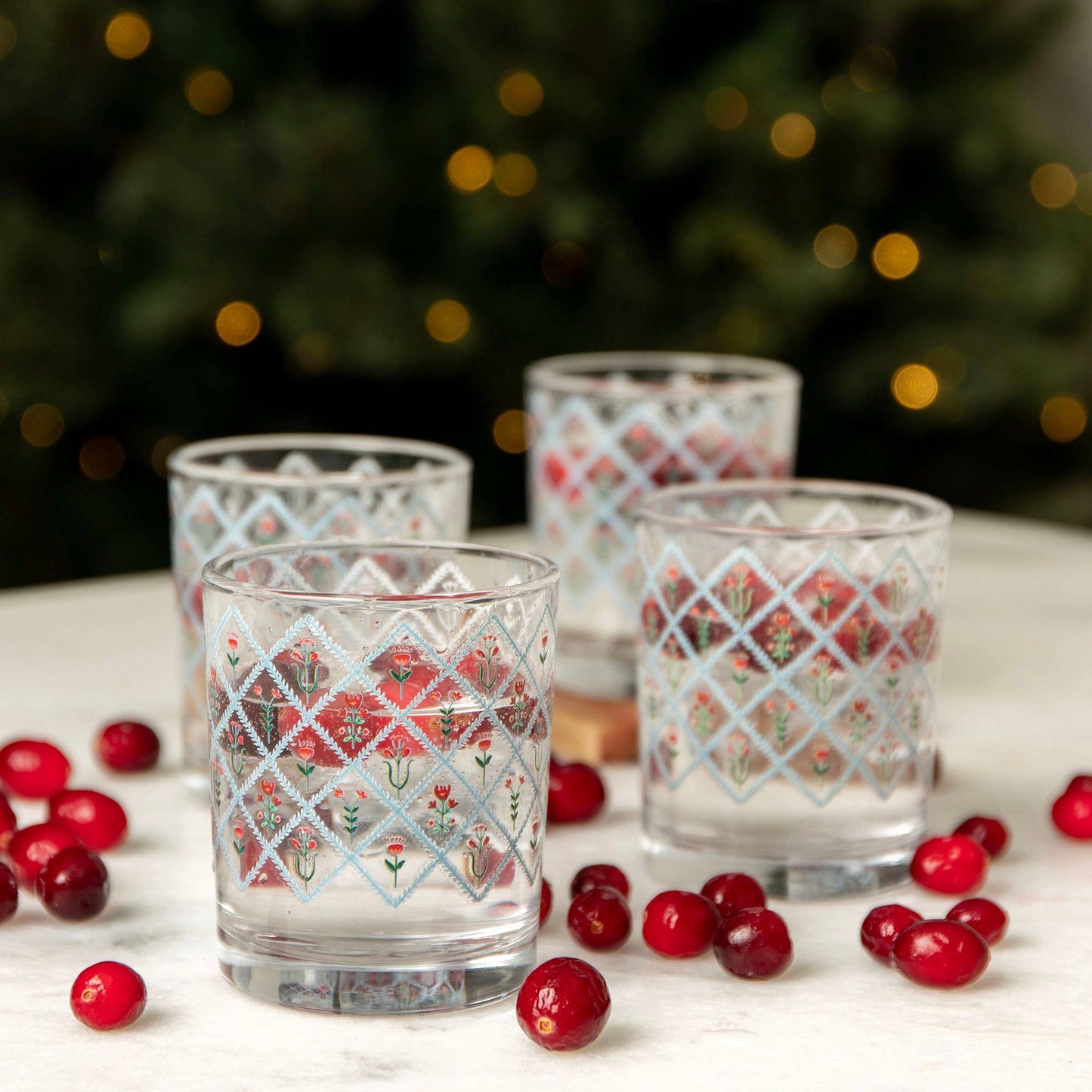 Scandinavian Folk Floral Diamond Short Juice Glass - Set of 4
