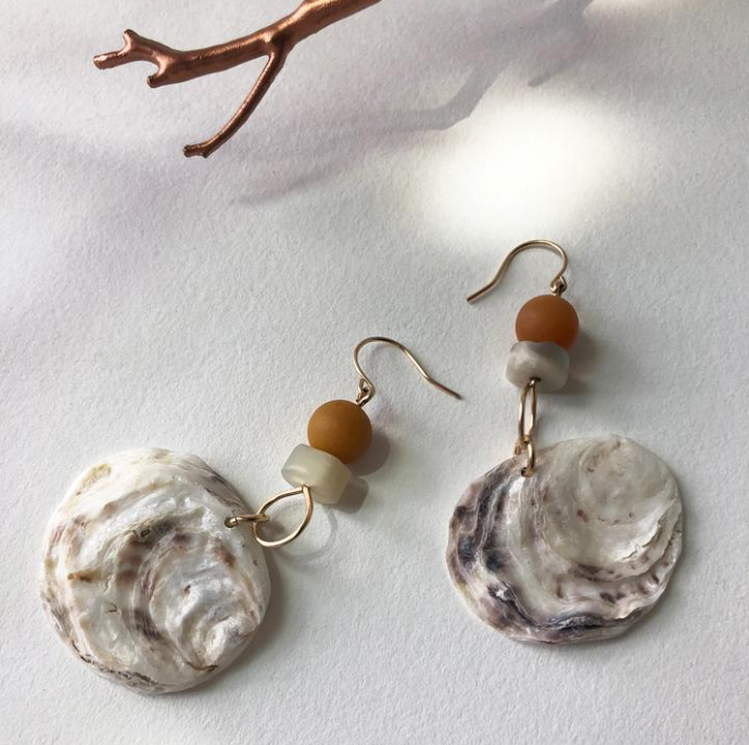 Oyster, Moonstone + Yellow Jade or Riverstone Earring -