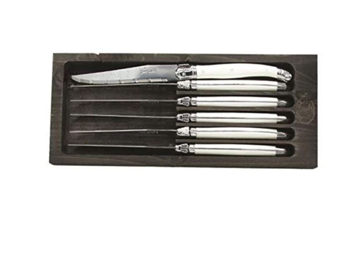 6 Knives White Handles Stained Open Black Box