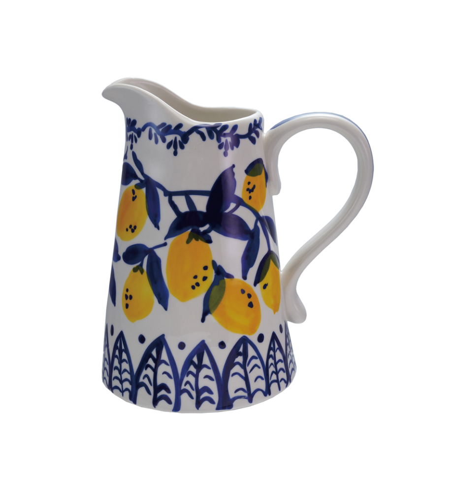 Stoneware Pitcher Hold w/ Hand-painted Lemon