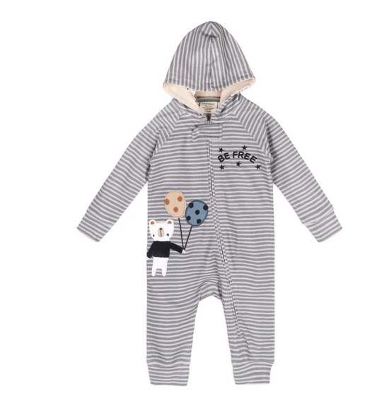 Balloon Bear Baby Hooded Jumpsuit Grey Stripe