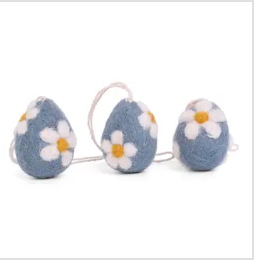 Felt Set Eggs Embroidered, Blue, Set 3