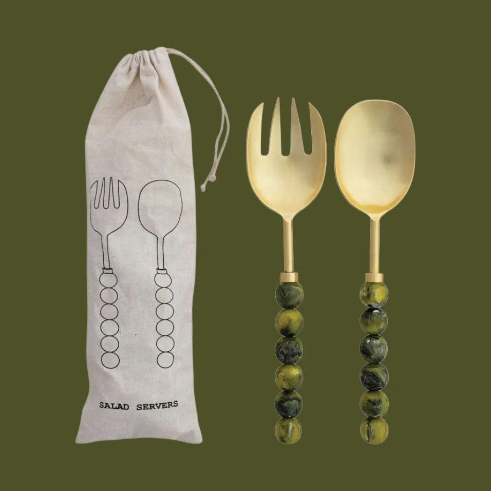 Stainless Steel Salad Servers with Resin Handles & Green