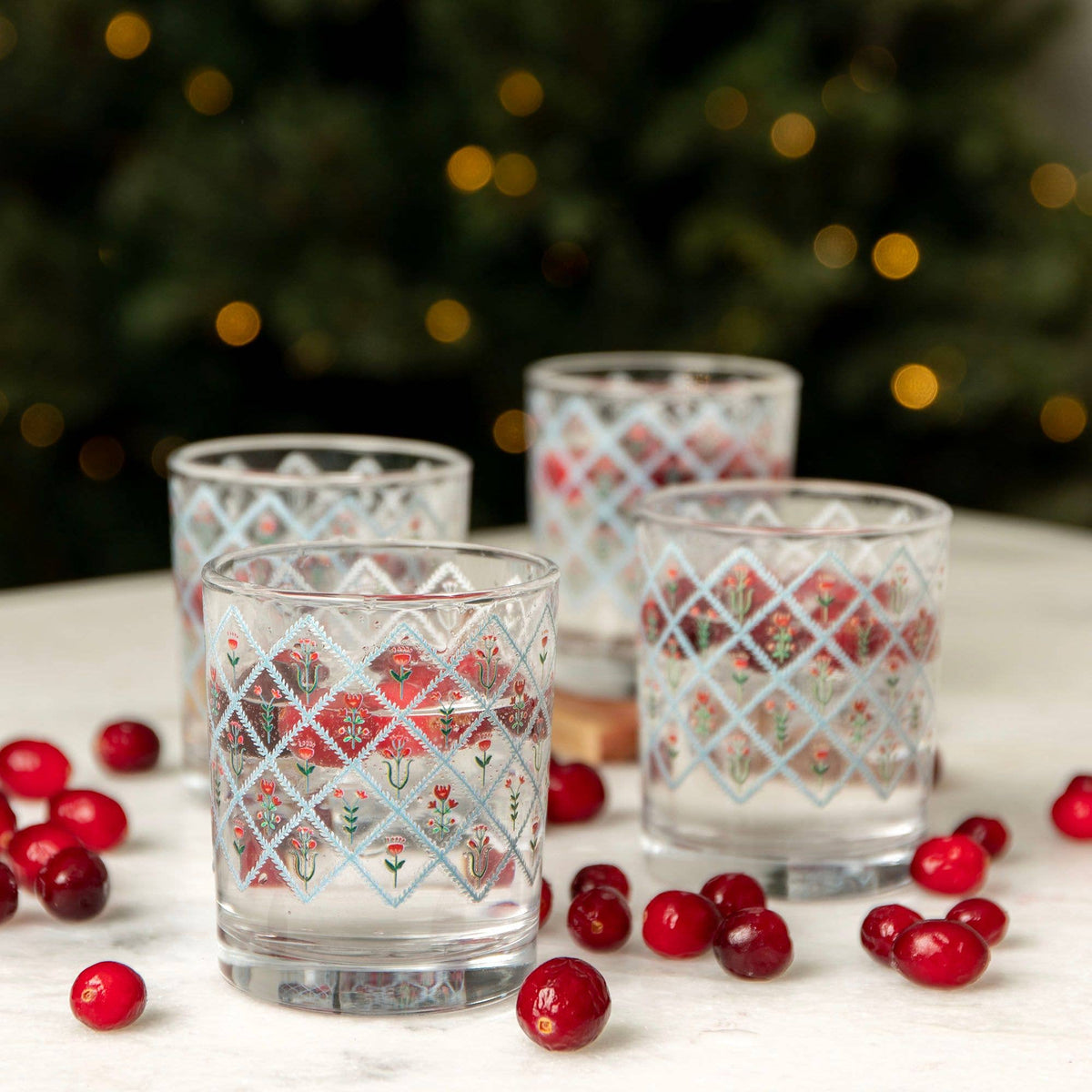 Scandinavian Folk Floral Diamond Short Juice Glass - Set of 4
