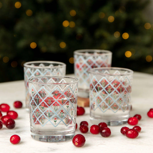 Scandinavian Folk Floral Diamond Short Juice Glass - Set of 4
