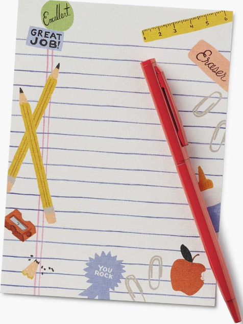 A lined notepad with colorful school-themed illustrations, including pencils, paper clips, an apple, a ruler, and stickers, shown with a red pen on top.