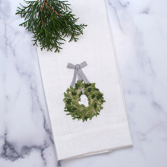 Boxwood Wreath Linen Towel- White (Green Multi)