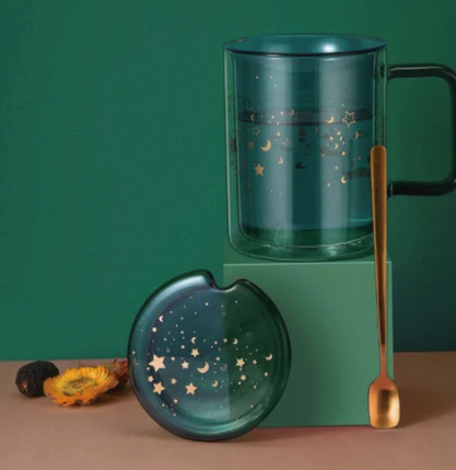 Insulated Star Print Glass Mug w/Lid