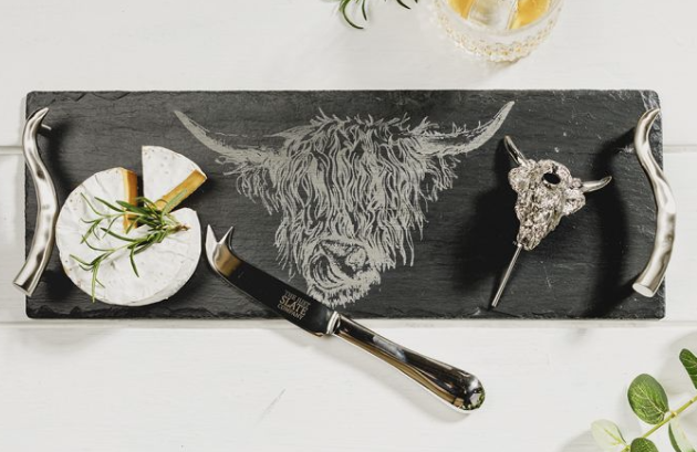 Highland Cow Slate Tray, Knife and Pourer Set