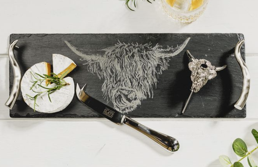 Highland Cow Slate Tray, Knife and Pourer Set