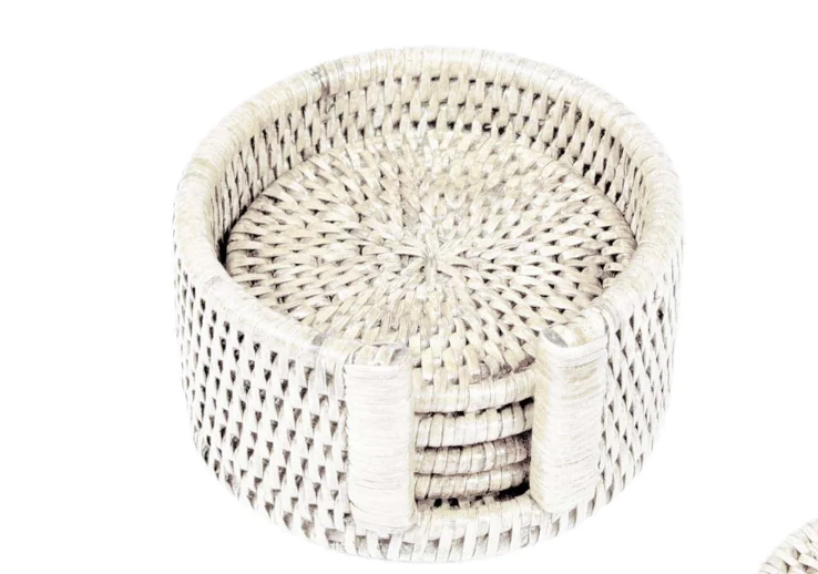Rattan Round Set Coasters & Holder Cream