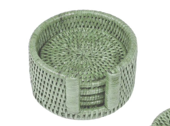 Rattan Round Coaster Set and Holder Green
