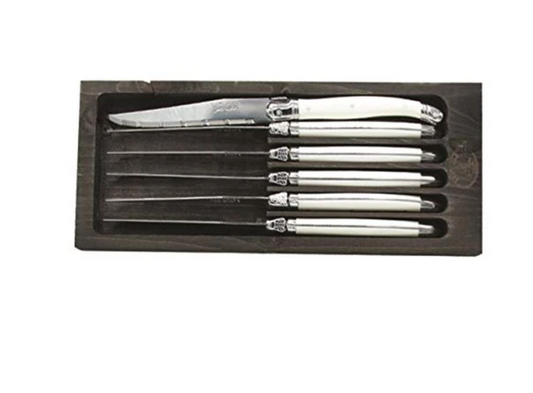 6 Knives White Handles Stained Open Black Box