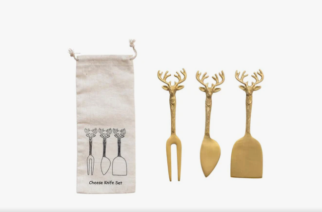 Brass Cheese Knives w/Reindeer Handles - Set of 3