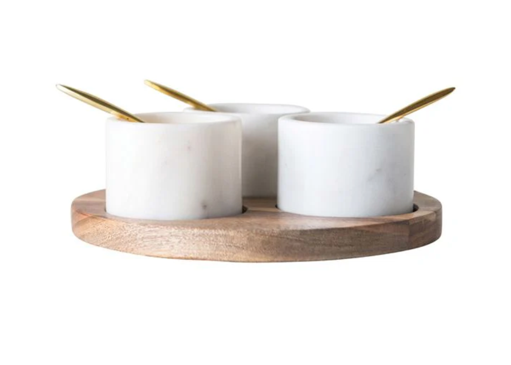 Acacia Wood Board w/ 3 Marble Pinch Pots and Spoons
