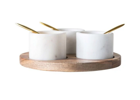Acacia Wood Board w/ 3 Marble Pinch Pots and Spoons