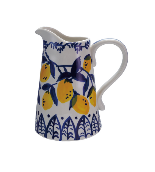 Stoneware Pitcher Hold w/ Hand-painted Lemon
