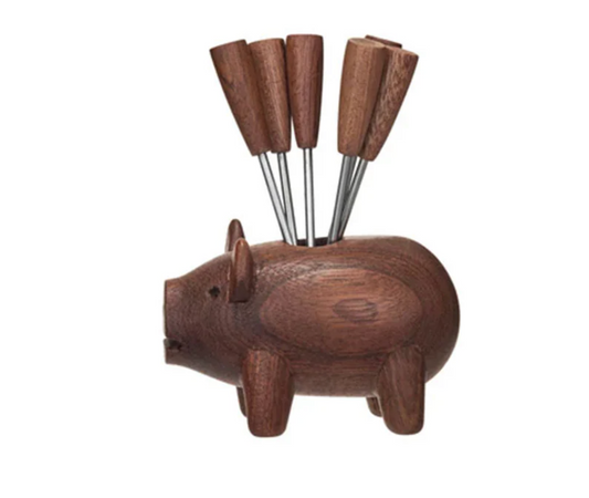Wood Pig w/ 6 Appetizer Forks
