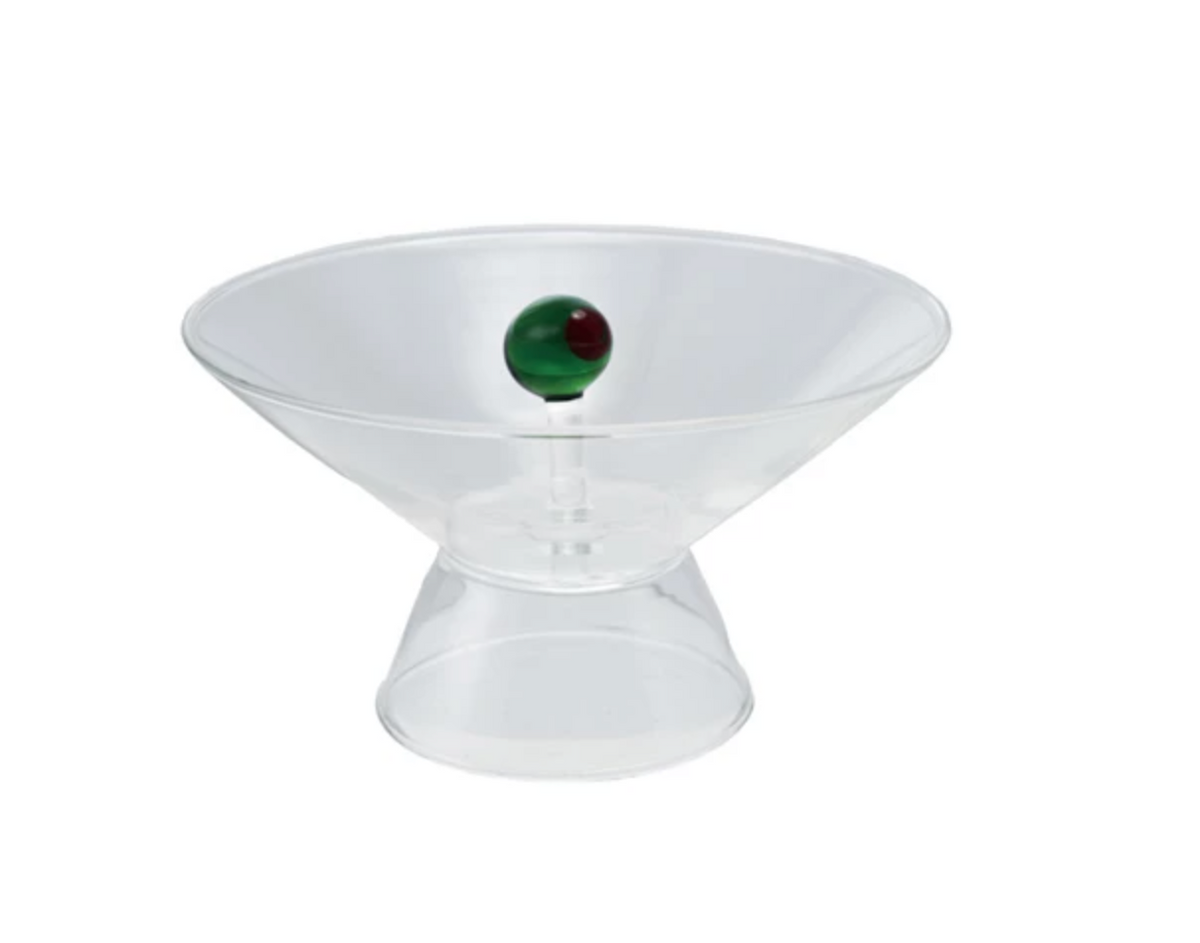 Footed Glass w/ Olive Inside, Green & Red