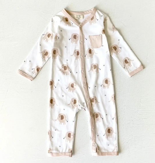 Elephant Pocket and Button Baby Jumpsuit Natural