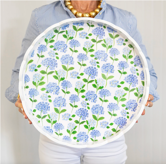 WH Lacquer 16" Round Scallop Lacquer Tray| Blue Hydrangeas